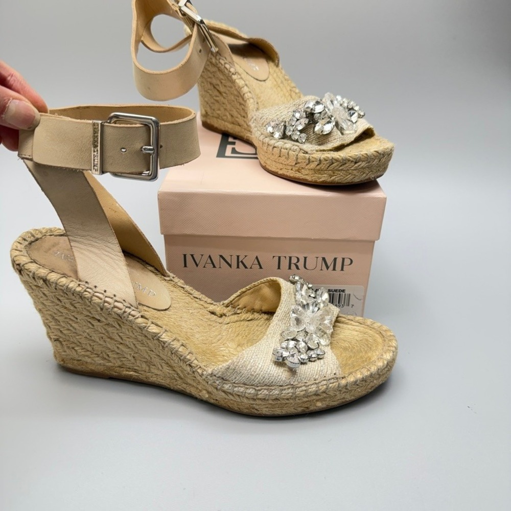 Ivanka Trump Rhinestone Embellished Jute Espadrille Wedge Sandals Size 6.5 Cute